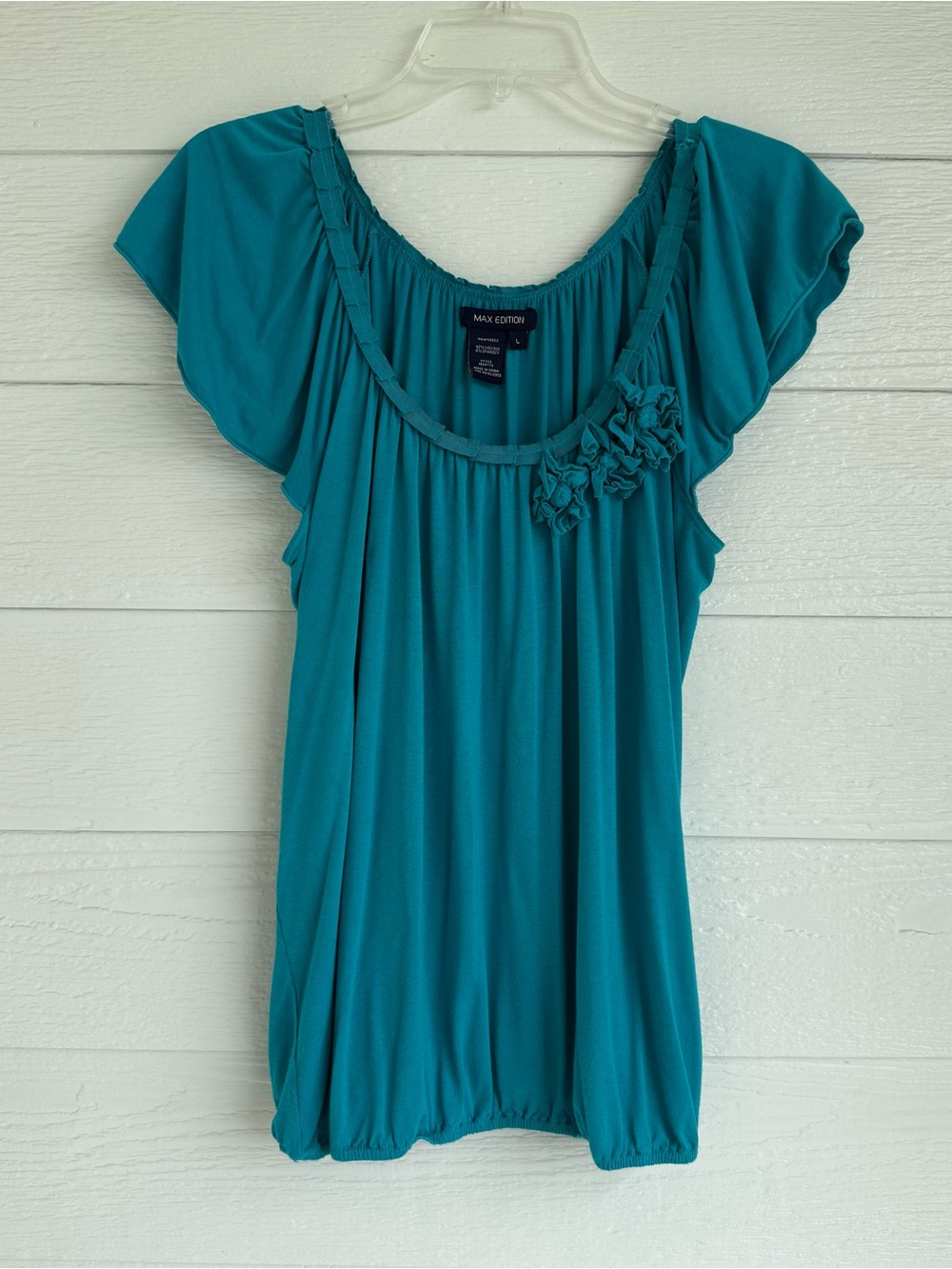 Max Edition Turquoise Ruffle Sleeve Stretch Blouse Size Large
